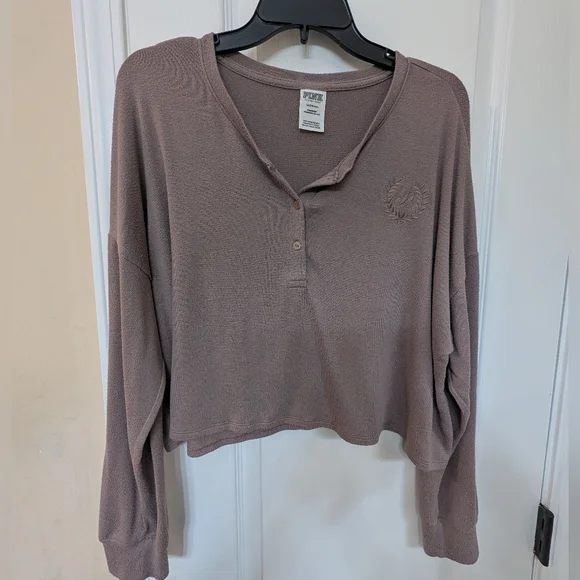 PINK Victoria's Secret Long Sleeve Sleep Shirt In Iced Coffee - Picture 2 of 9
